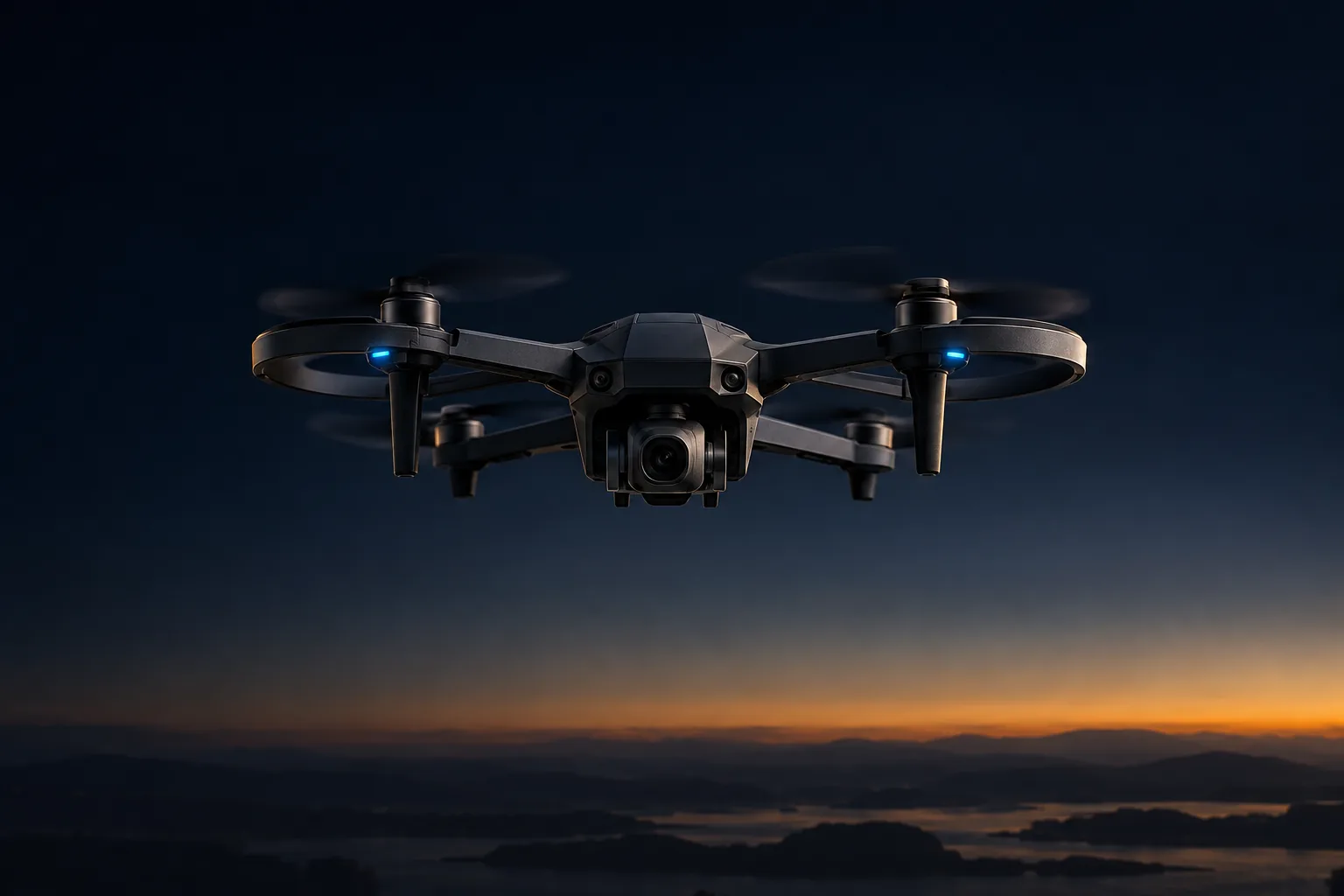 A Shadow tracker quadcopter in flight at dusk