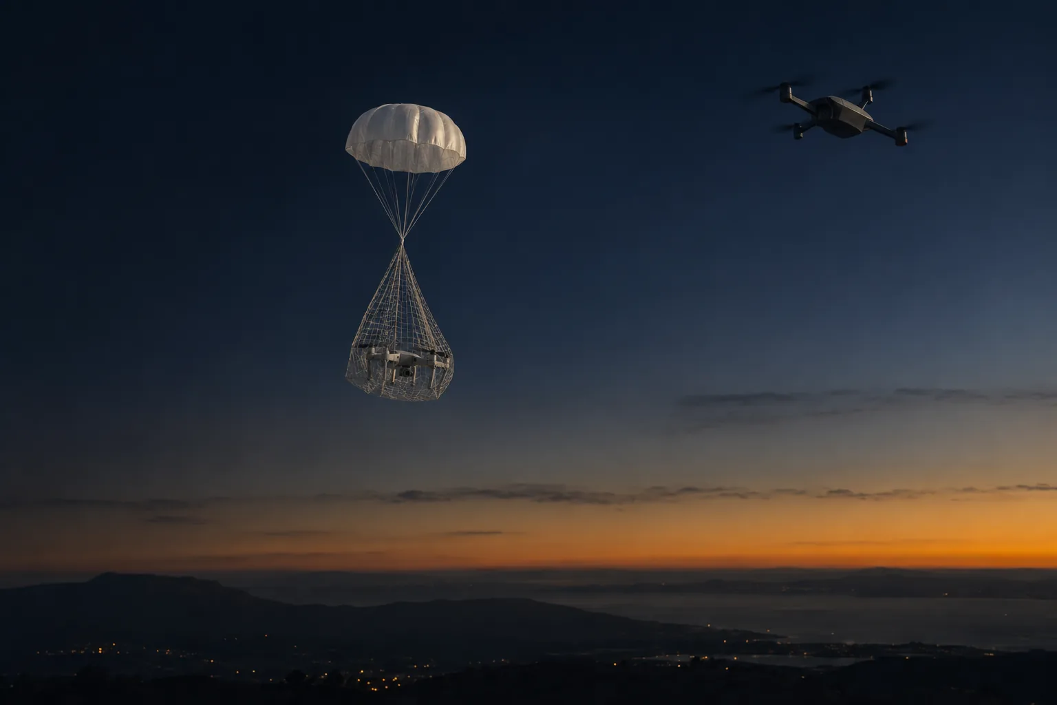 A captured drone wrapped in a net, descending under a white parachute while a Stoop-N interceptor flies nearby