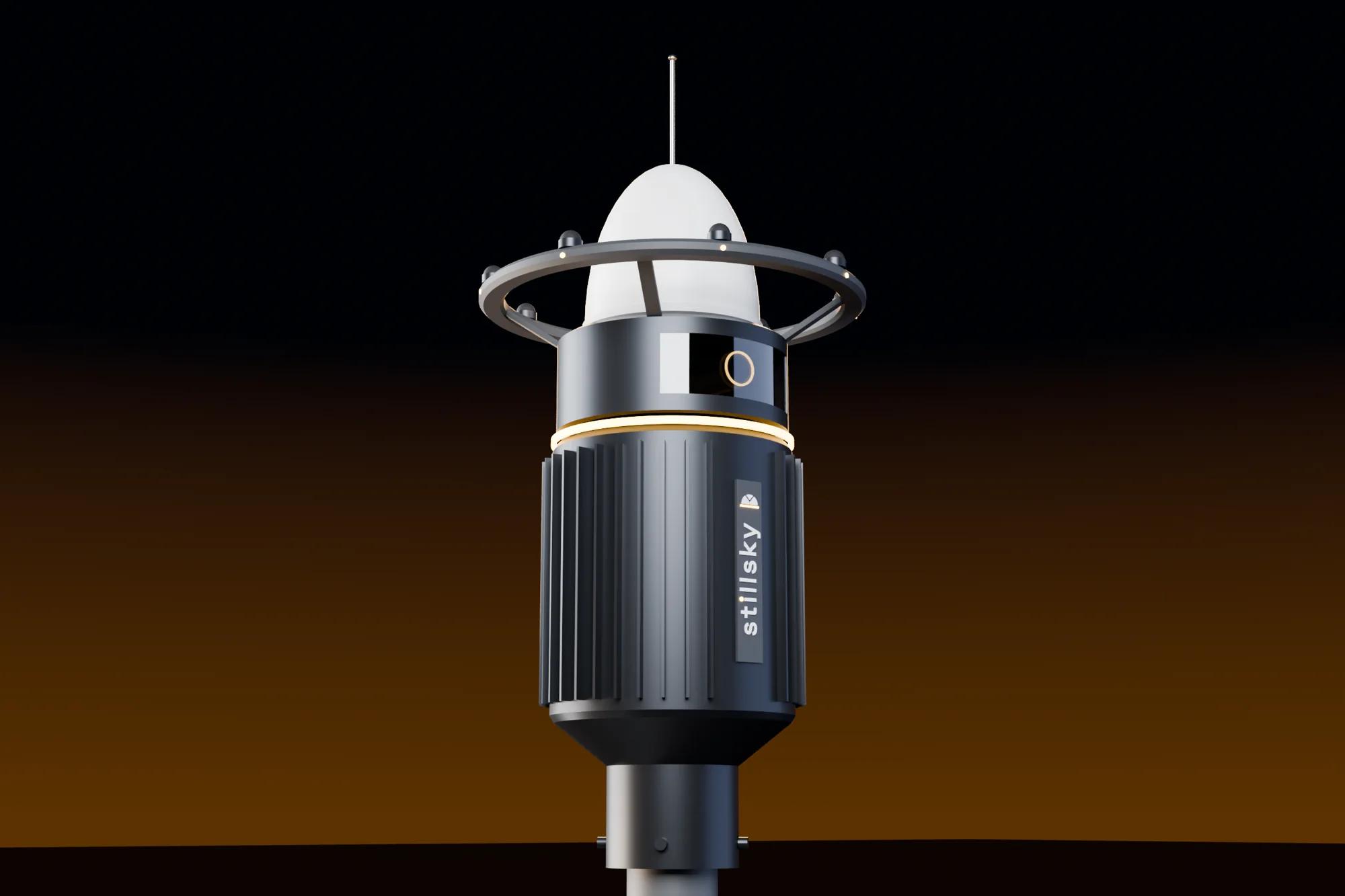 The Watchpost sensor core on a mast at dusk: finned graphite body, amber light seam, camera window and microphone halo